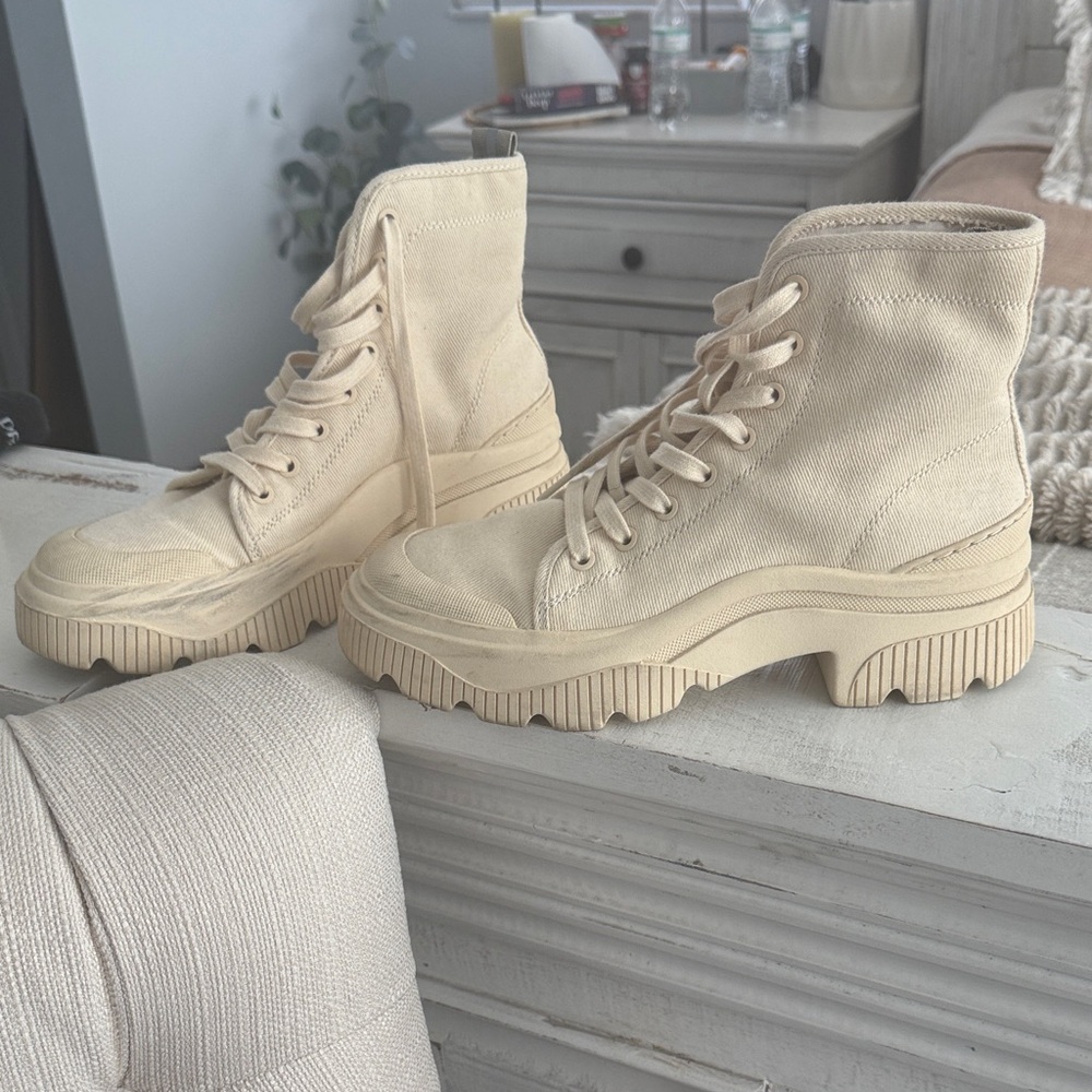 Women's  ZARA Cream High-Top Canvas Boots Sz8 woman